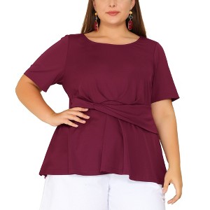Agnes Orinda Women's Plus Size Crew Neck Twisted Knot Front Short Sleeves Summer Peplum Blouses - 1 of 4