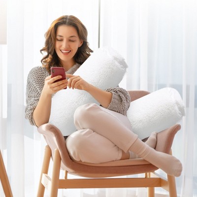 Set of 2 White Shaggy Long Hair Bolster Pillows