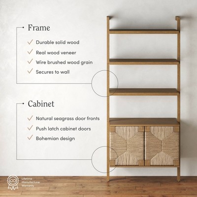Brown Wood 3-Shelf Bookcase with Seagrass Doors