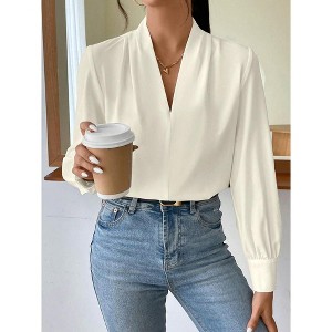 Spring Autumn Winter New European And American Style Long Sleeve V-Neck Solid Color Loose Shirt - 1 of 4