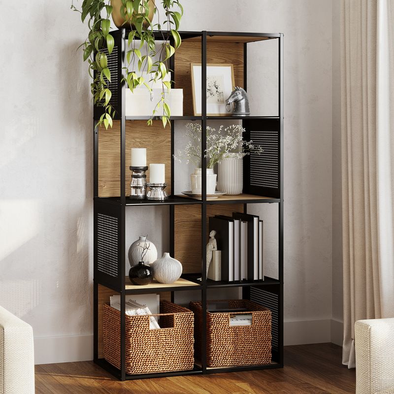 Lavish Home Freestanding 4-Tier Cube Storage Bookshelf – Industrial Wood and Metal Shelving, Oak/Black, 1 of 9
