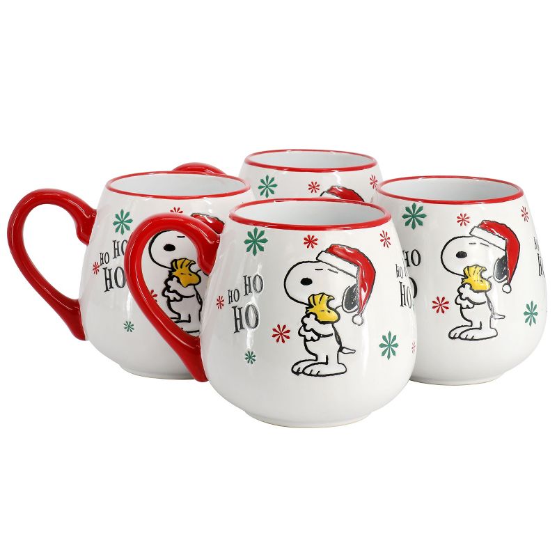 Peanuts Snoopy and Woodstock 4 Piece 20oz Stoneware Holiday Ho Ho Ho Mug Set in Red, 1 of 7