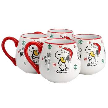 Peanuts Snoopy and Woodstock 4 Piece 20oz Stoneware Holiday Ho Ho Ho Mug Set in Red