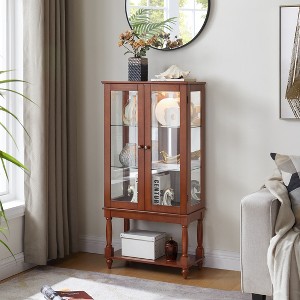 Wooakway 48"H Walnut Lighted Curio Cabinet with Mirror Back Adjustable Shelves Glass Doors Open Storage - 1 of 4