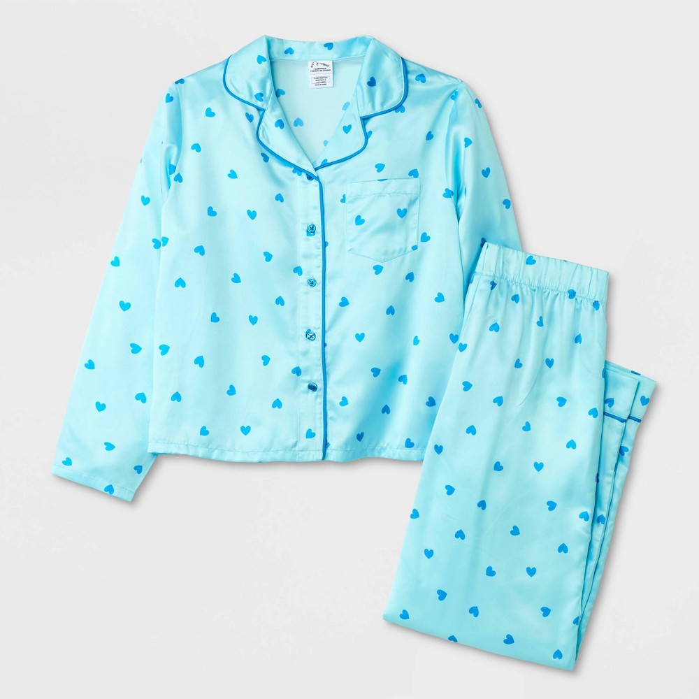 Size XL Girls' 2pc Satin Long Sleeve Button Up Pajama Set - art class™ Aqua Blue 
