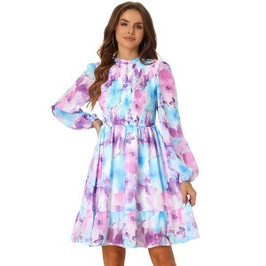 Allegra K Women's Smocked Ruffle Neck Long Sleeve Floral Chiffon Mini Dress - 1 of 4