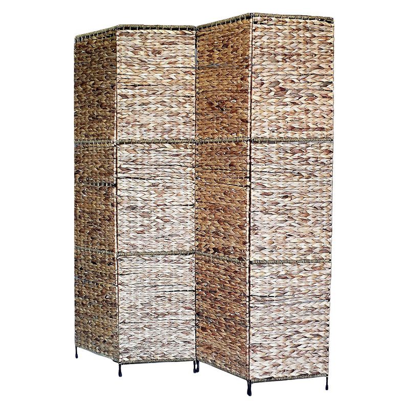Screen Brown - Proman Products, Jakarta Folding Screen, 4-Panel Water Hyacinth Room Divider, Tropical Decor, Metal Frame, Fully Assembled, 1 of 12