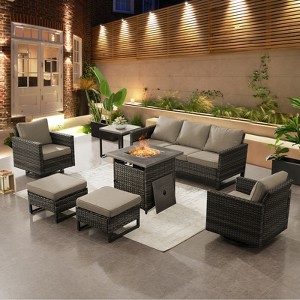 Buenhomino 7 Piece Wicker Outdoor Furniture Set with Comfy Cushions, High Back Patio Furniture Set with Swivel Rocking Chairs and Fire Pit Table - 1 of 4