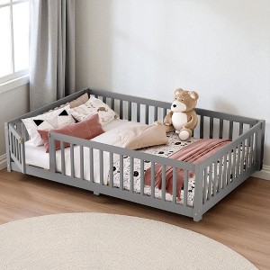 Mshliw Twin/Full/Queen Kids Floor Bed with Safety Guardrails & Door,Montessori Style Wooden Low Profile Platform Bed Frame for Toddlers, Kids Bedroom - 1 of 4