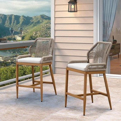 PURPLE LEAF Patio Sunbrella Bar Stools Set of 2 Handwoven Wicker Bar Height Stool Modern Aluminum Outdoor Wicker Barstools with Back and Cushion