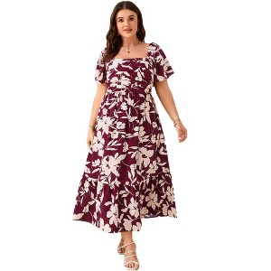 Plus Size Women's Dress Floral V Neck Casual Dress Button Down Pocket Mini Dress - 1 of 4