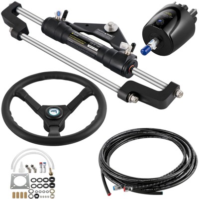 VEVOR 300HP Hydraulic Boat Steering Kit, Aluminum Alloy Steering Cylinder, 13.5" Steering Wheel with 10" Hydraulic Steering Hose,Silver&Black