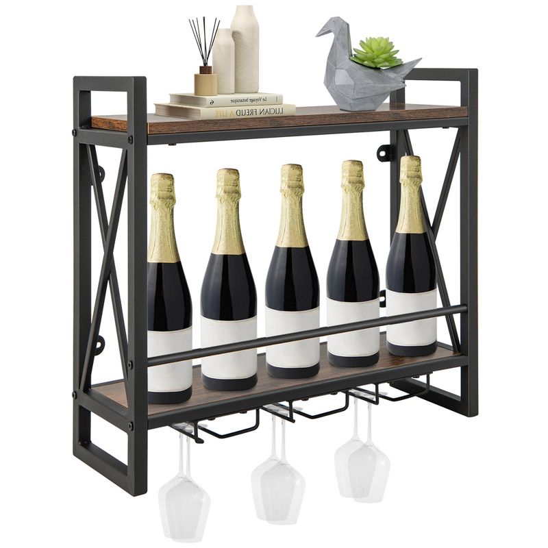 Costway Wall Mounted Wine Rack Industrial 2-Tier Wood Shelf with 3 Stem Glass Holders, 1 of 8