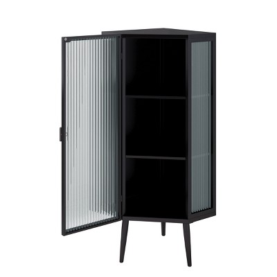 GlasFlength Bathroom Storage Cabinets Modern Corner Cabinet with Glass Doors Storage Shelves for Bathroom Living Room, Black, 22.25"*16.54"*43.3"
