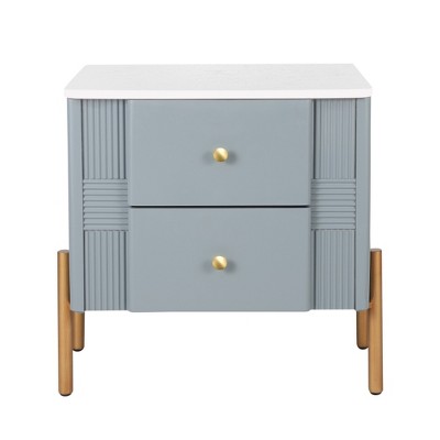 Lirago Blue Modern Nightstand with 2 Drawers Fluted Bedside Table with Gold Legs Handles Multi-Functional End Table 21.6"H x 15.75"D x 21.6"W