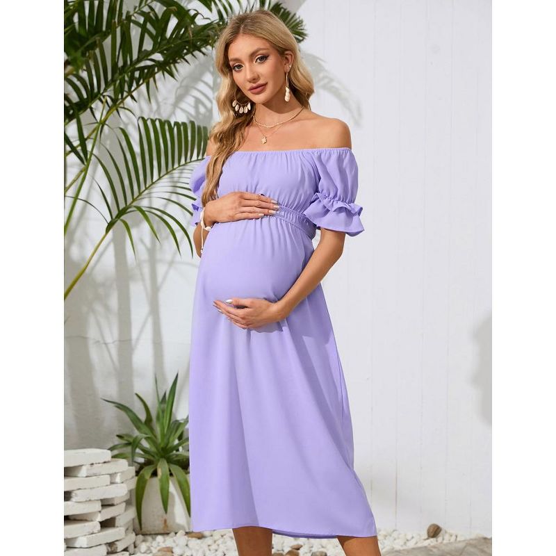 Whizmax Women's Maternity Off Shoulder Dress Ruffle Short Sleeve Summer Casual Flowy Midi Dress Baby Shower Photoshoot, 3 of 9