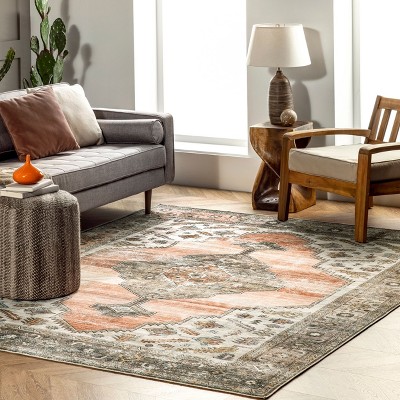 Peach Medallion 6' x 9' Washable Synthetic Area Rug