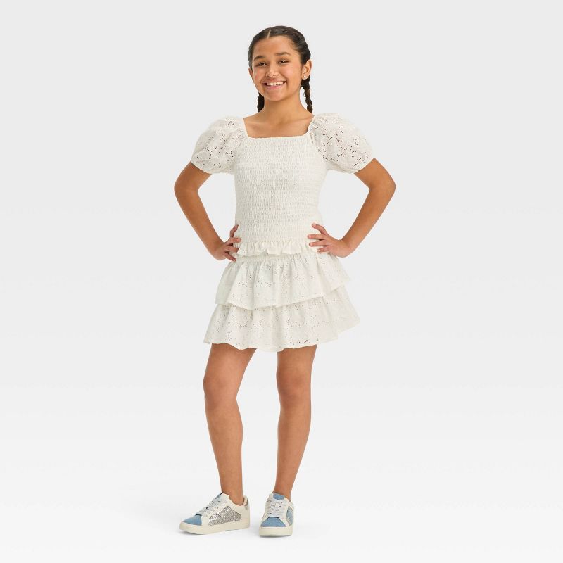 Girls' Smocked Waist Woven Tiered Skirt - art class™ White, 4 of 8