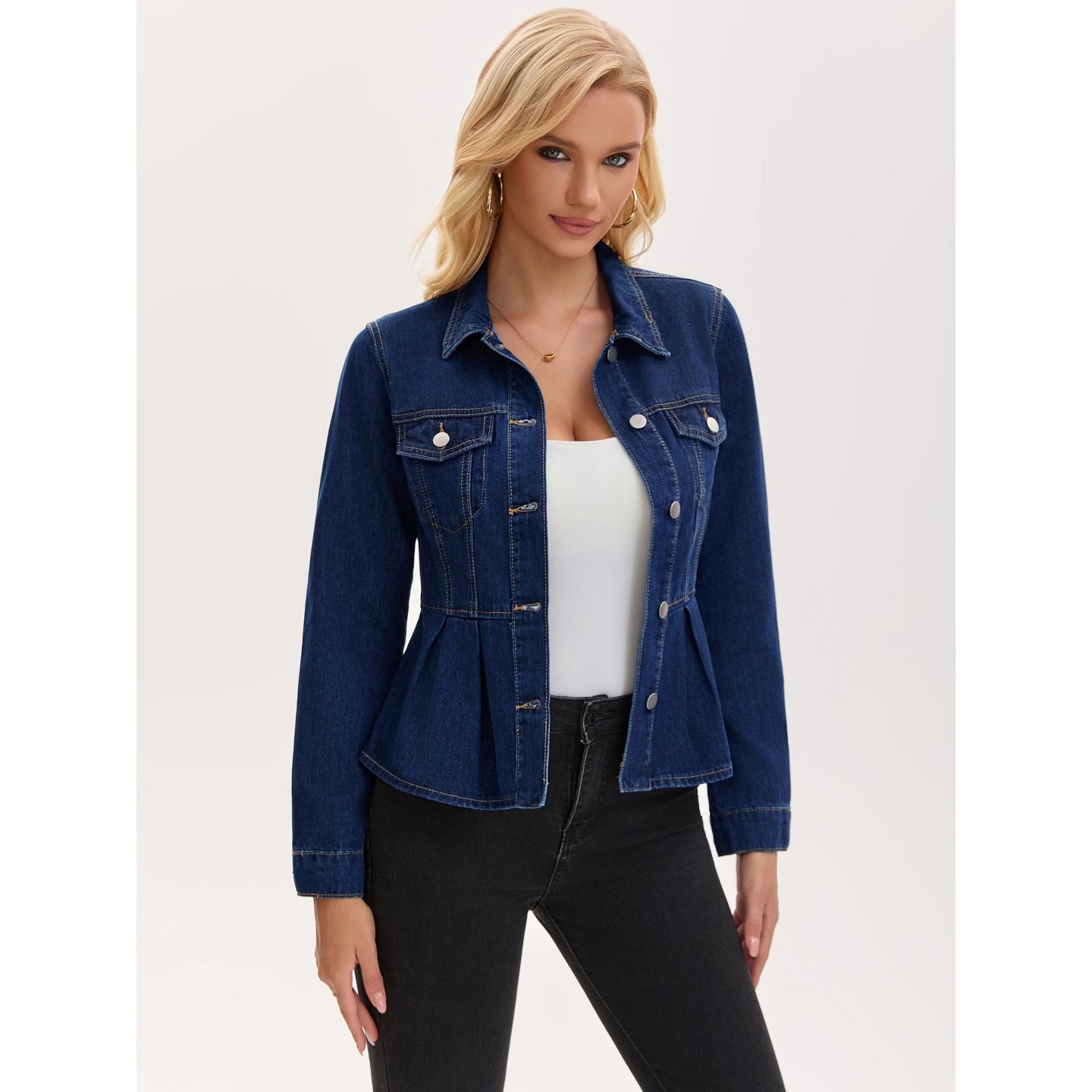 Женские куртки INSPIRE CHIC Denim Button Down Turndown Collar Long Sleeve Ruffle Hem Peplum Jean Jackets X-Large Dark Blue, цвет: Джинсовый — фото 2