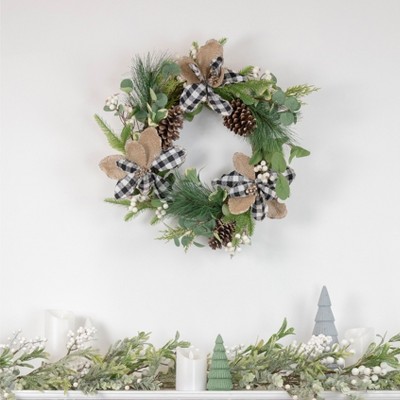 Magnolia and Pine Cones Burlap Christmas Wreath, 22-Inch