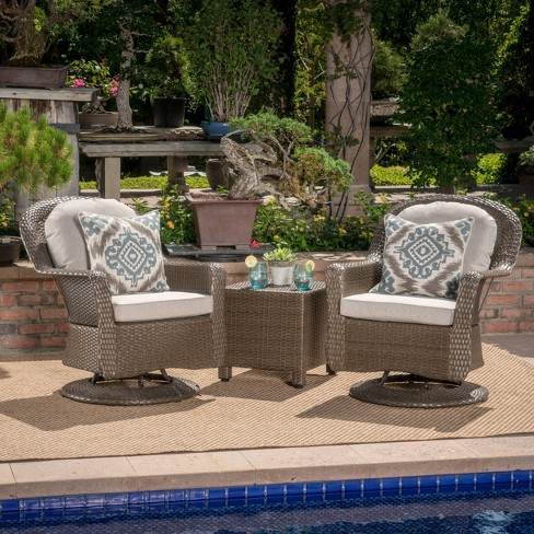 Liam 3pc Wicker Outdoor Patio Swivel Chat Set Brown Gray Christopher Knight Home Target