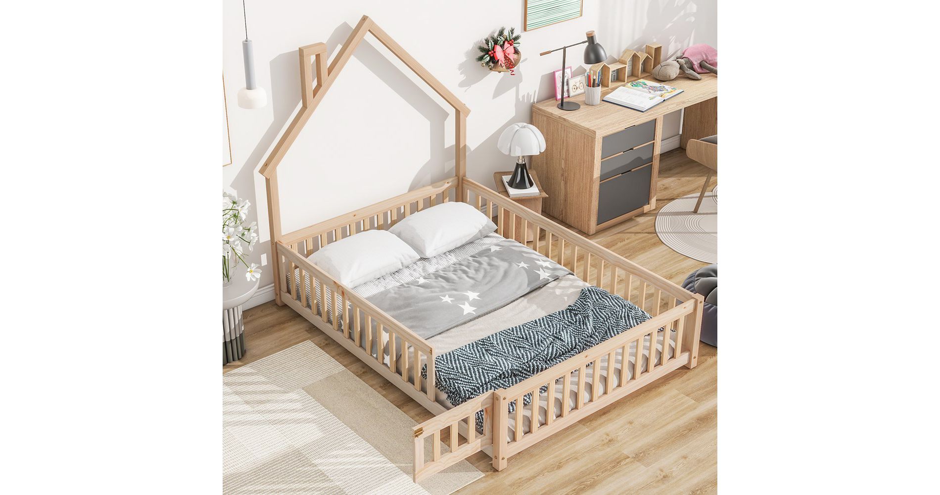 LOVMOR Full House-Shaped Headboard Floor Bed with Fence