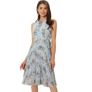 Allegra K Women's Floral Print Summer A-Line Knee Length Sleeveless Pleated Dress - 1 of 4