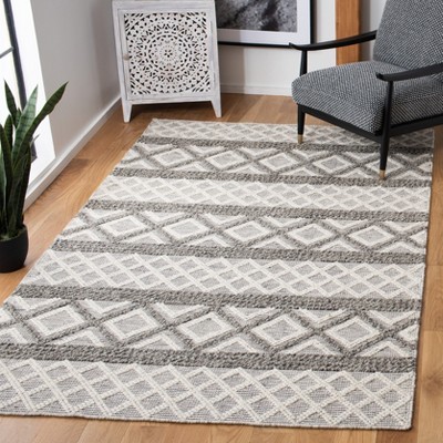 Ivory and Dark Grey Hand-Knotted Wool Geometric Rug, 3' x 5'