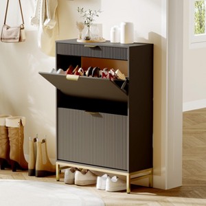 Modern Fluted Shoe Storage Cabinet with 2 Flip Drawers & Pull-Out Drawer & Hook, Wooden Slim Shoe Organizer with Metal Legs - 1 of 4