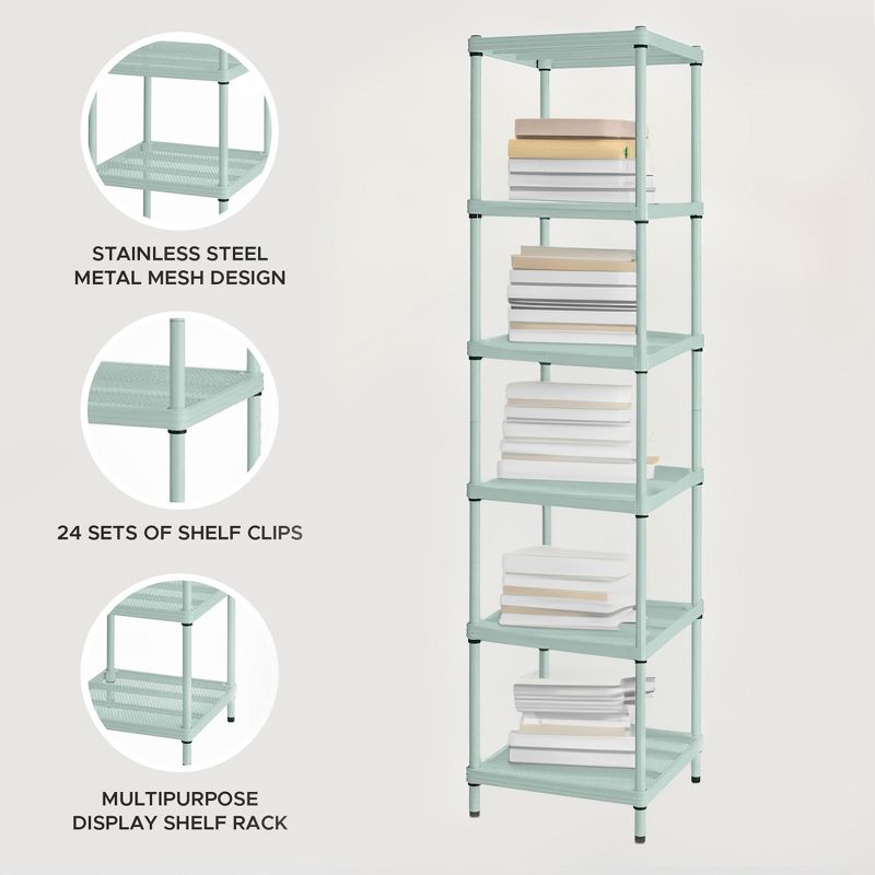 Design Ideas MeshWorks 6 Tier Narrow Metal Storage Shelving Tower for Kitchen, Bathroom, or Garage Organization, 17.7” x 17.7” x 70.9”, Sage Green, 4 of 8