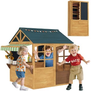 Qaba Outdoor Playhouse, Foldable Wooden Kids Cottage with Windows, Working Door, Snack Bars, Waterproof Covers, for Kids 3-8 Years, Brown - 1 of 4