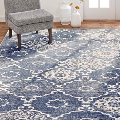 Ivory and Navy Blue Reversible Tufted Medallion Rug 6'6"x9'2"