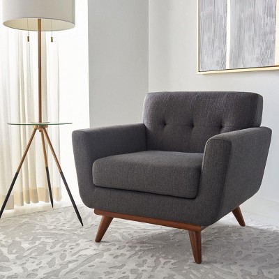 Slate Grey Tufted Linen Mid-Century Accent Chair with Wooden Legs