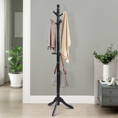 Adjustable Black Rubber Wood Coat Rack with 9 Hooks