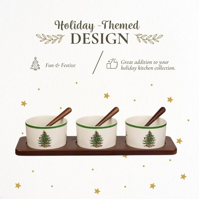 15" Beige and Green Ceramic Christmas Condiment Bowl Set with Wood Tray