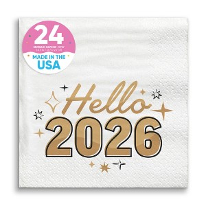 Big Dot of Happiness Hello New Year Napkins, 2026 NYE Party Decor Black & Gold, White 3-Ply Paper Beverage Cocktail Napkins - 24 Count - 1 of 4