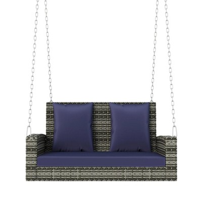 50"2-Person Wicker Hanging Porch Swing with Chains, Cushion, Pillow, Rattan Swing Bench