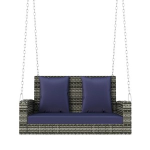 50"2-Person Wicker Hanging Porch Swing with Chains, Cushion, Pillow, Rattan Swing Bench - 1 of 4