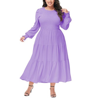 Anna-Kaci Women's Plus Size Casual Long Sleeve Smocked Chest Round Neck Flowy Tiered Maxi Dress