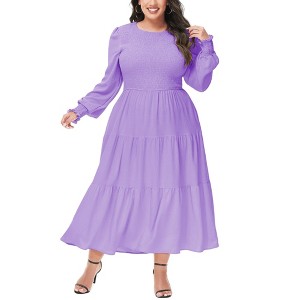 Anna-Kaci Women's Plus Size Casual Smocked Chest Round Neck Flowy Tiered Maxi Dress - 1 of 4