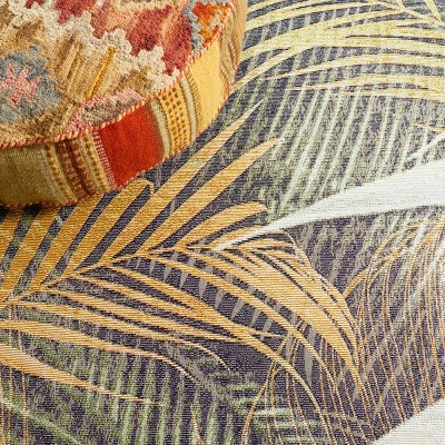 Black and Gold Tropical Synthetic Round Area Rug