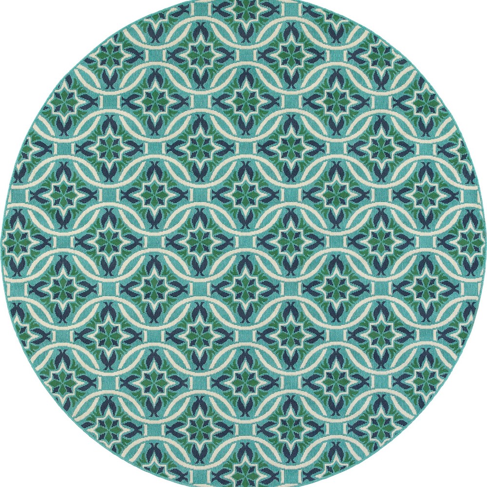 7'10in Round Marlowe Floral Lattice Patio Rug Blue/Green