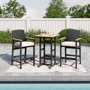 Captiva Designs 3Pc Outdoor Bistro Height Bar Table and 2 Bar Stools with Wicker Backrest and Comfy Cushion - 1 of 4
