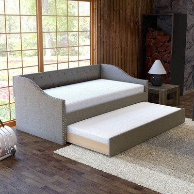 Twin Nora Tufted Linen with Nail Button Trim Upholstered Day Bed and Roll Out Trundle Frame Set - Eco Dream