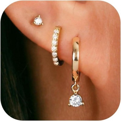 3 Pairs Small Gold Hoop Earring, 14K Gold Plated Earring Stacks Butterfly Heart Star Moon Bow Four Leaf Rhombus Round CZ Pearl