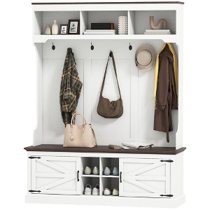 Aghana Digitals Farmhouse 3-in-1 Entryway Hall Tree: White Wood Grain Bench with 7 Hooks, - 1 of 4