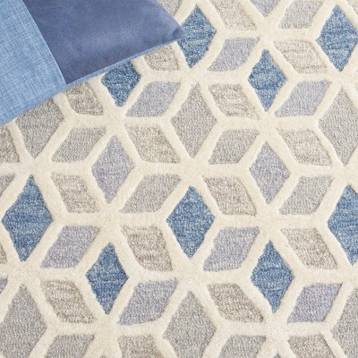 Ivory and Blue Hand-Tufted Wool Geometric Rug, 3' x 5'