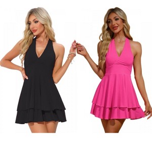 INSPIRE CHIC Women's Halter Party Deep V Neck Backless Layer Mini Dress 2 Packs - 1 of 4