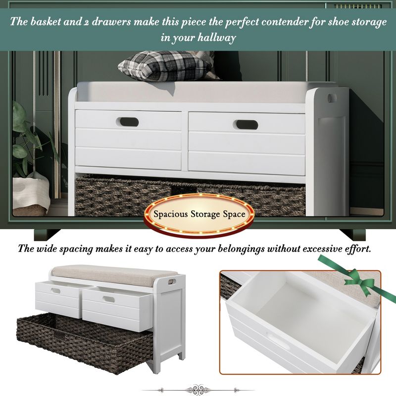 Entryway Storage Bench with Removable Basket and 2 Drawers, Fully Assembled Shoe Bench with Removable Cushion-ModernLuxe, 4 of 11
