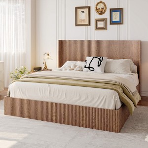 ORRD King Size Lift Storage Bed Frame, Wooden Platform with Grooved Slats, Rustic Brown, No Noise - 1 of 4